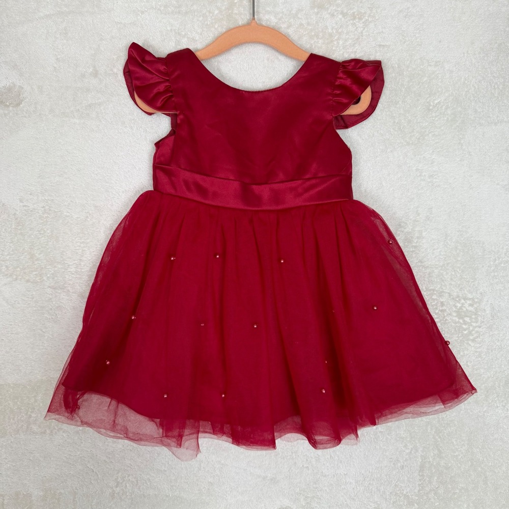 Burgundy Red Tulle Pearl Toddler Girl Party Dress Satin‎ Bow Back Size 12 Months